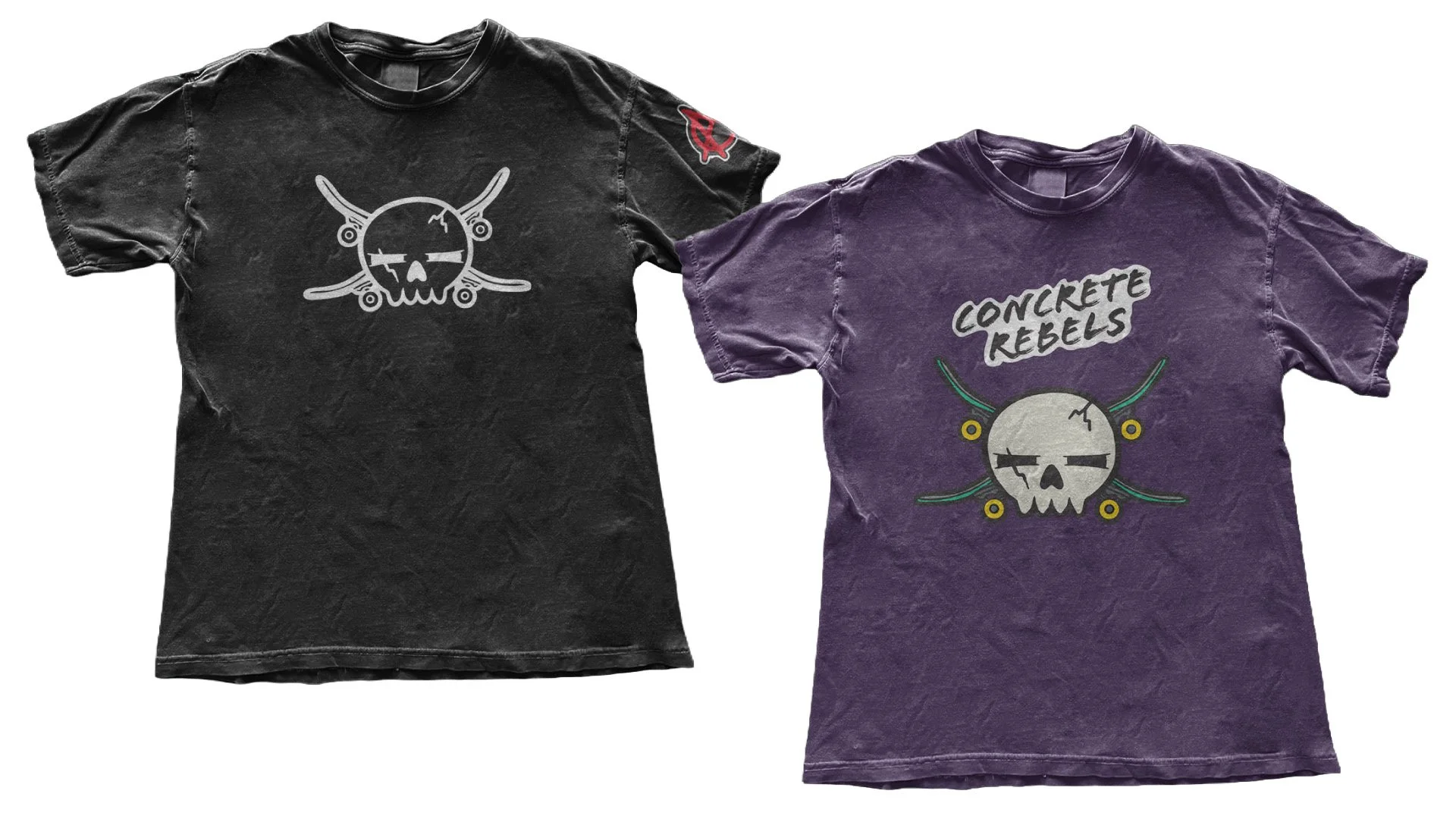 Dark grey with white Concrete Rebels logo and purple shirt with coloured Concrete Rebels logo