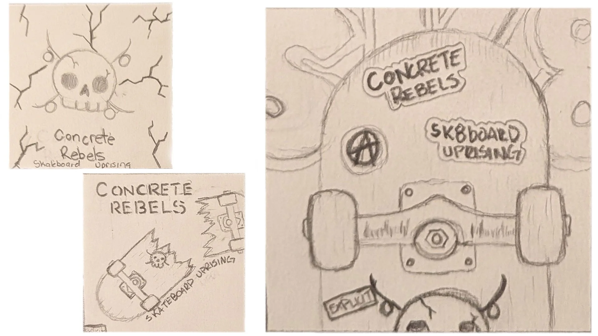 sketches of concrete rebels album with skateboards and skulls on it