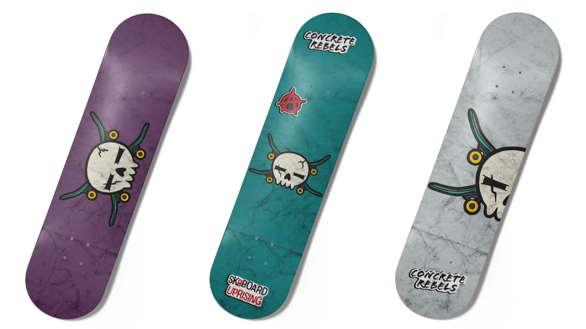 Set of 3 skateboard decks purple, teal and grey with Concrete Rebels logo