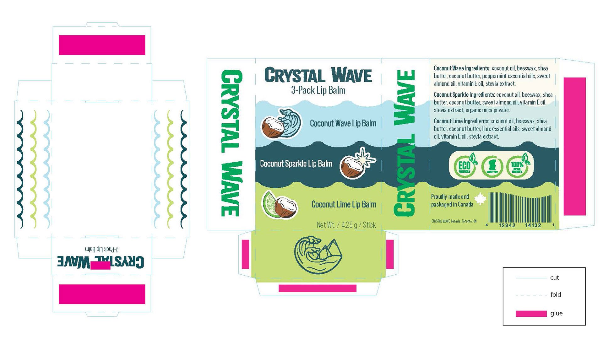 Crystal Wave three pack lip balm matchbox style dieline