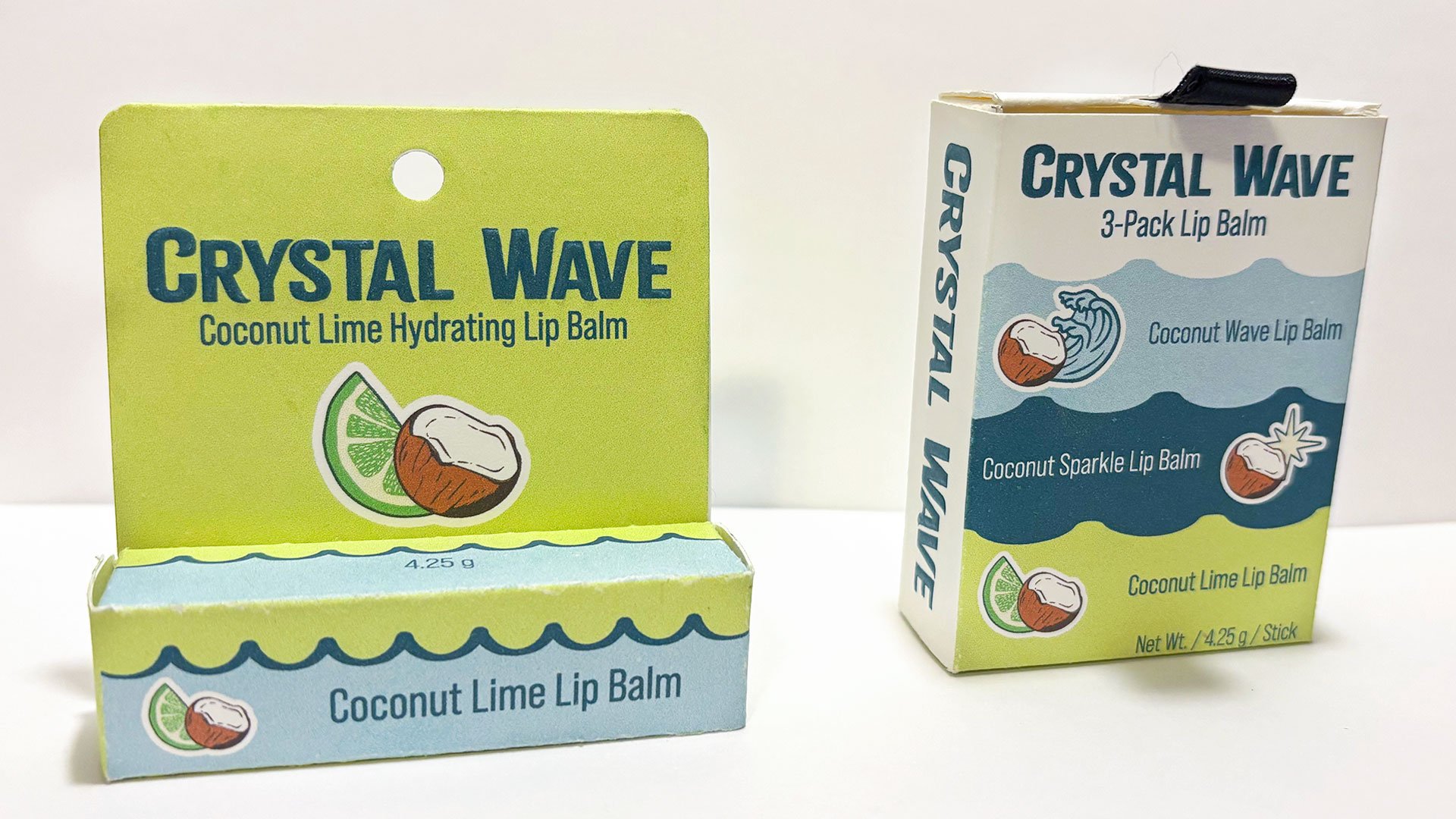 On the left, the front of a single lip balm package, and on the right, the front of a three-pack package