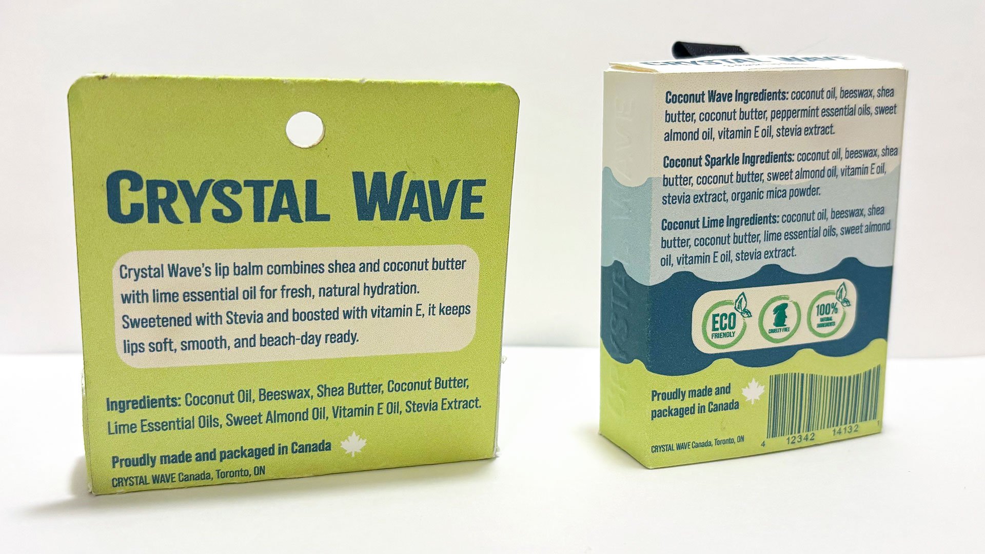 On the left, the back of a single lip balm package, and on the right, the back of a three-pack package