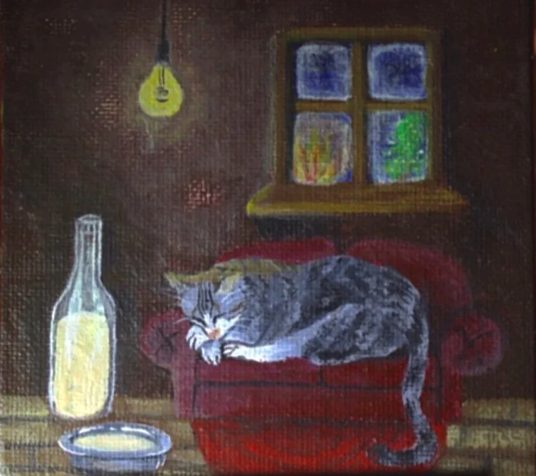 A miniature canvas with an painting of a cozy christmas scene. Painted with acrylic in 2013