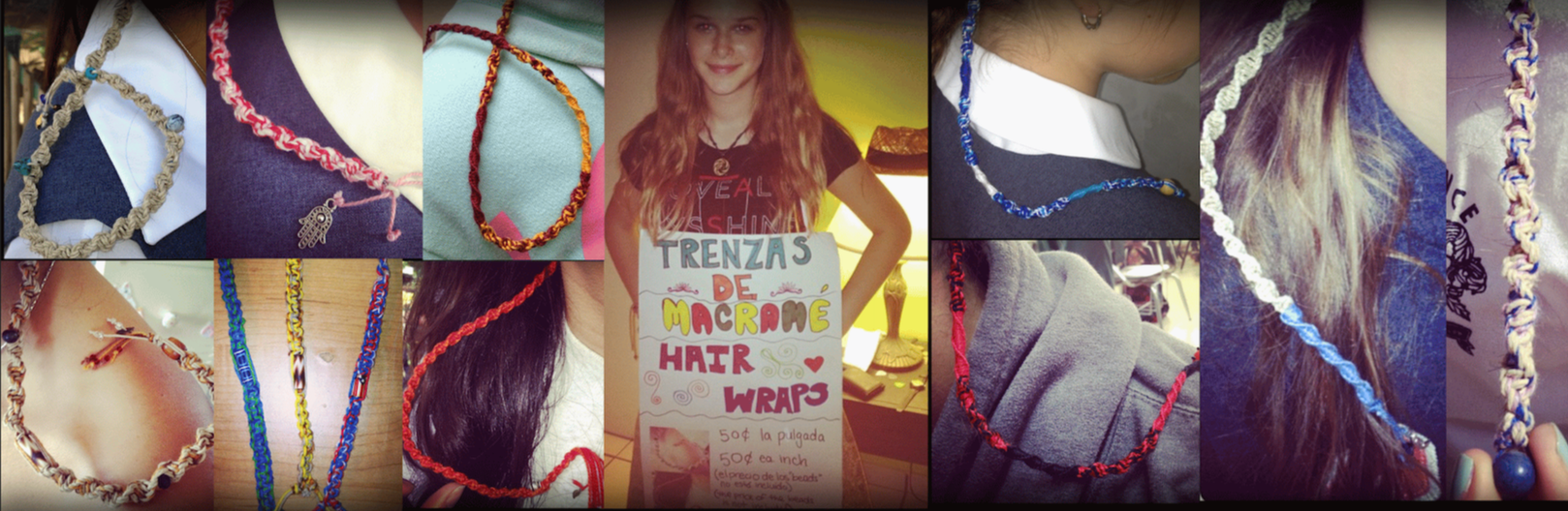 13 Year old Eva Luna Ortiz wearing a sign selling macramé braids along with a collage of her best work.