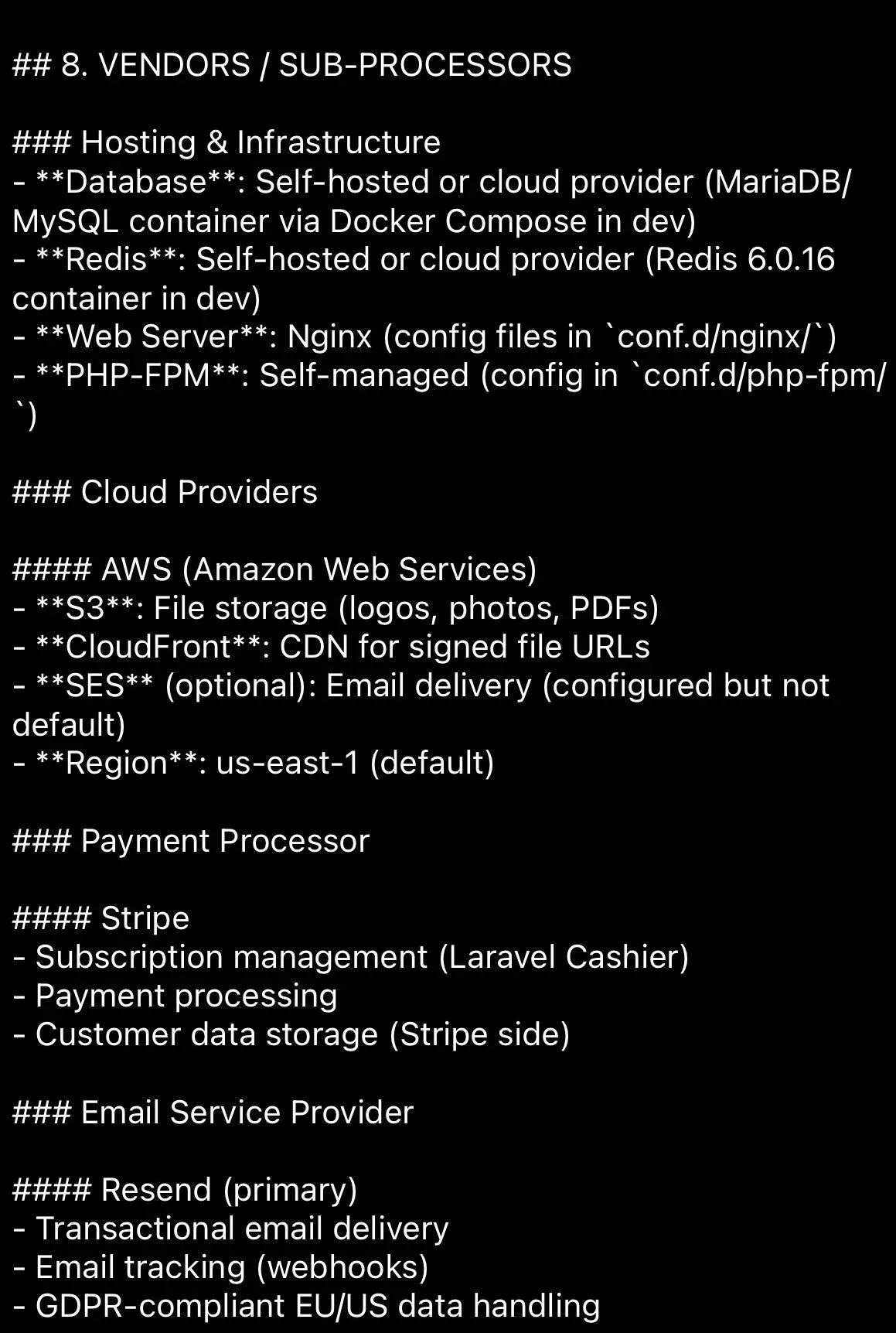 A highly technical screenshot froA VRA and PIA conducted by Eva Luna Ortiz detailing the compliance posture and technical stack for a SaaS product.