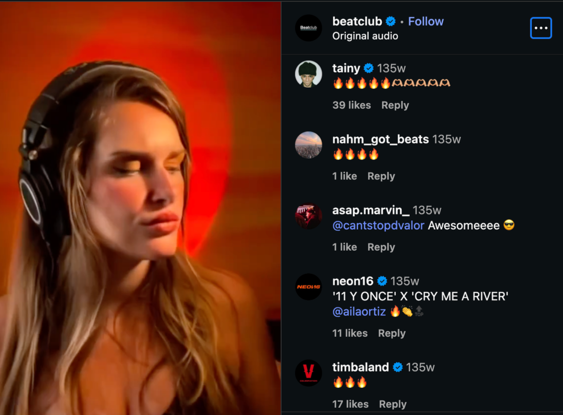 Screenshot of a Beatclub repost featuring a mashup by Eva Luna Ortiz Sálwet. The post shows verified comments of approval from legendary producers Timbaland and Tainy, alongside Neon16, reacting to her '11 Y Once' x 'Cry Me A River' remix.