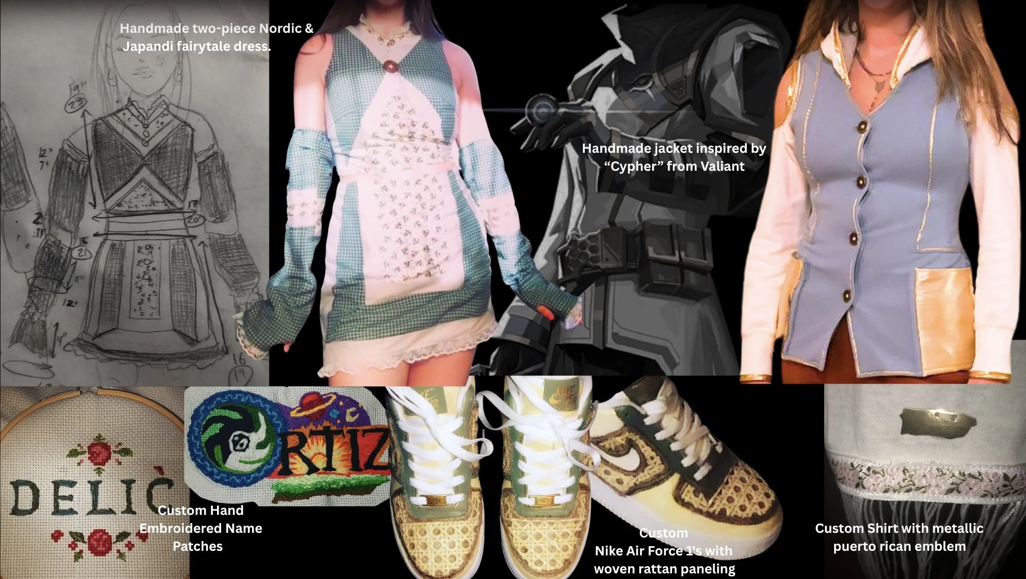 Fashion design by Eva Luna Ortiz. Sketches of dress designs, a handmade two-piece Nordic and Japandi fairy tale dress, a handmade jacket inspired by Cypher from Valiant, a custom embroidered name patches, a pair of custom shoes.