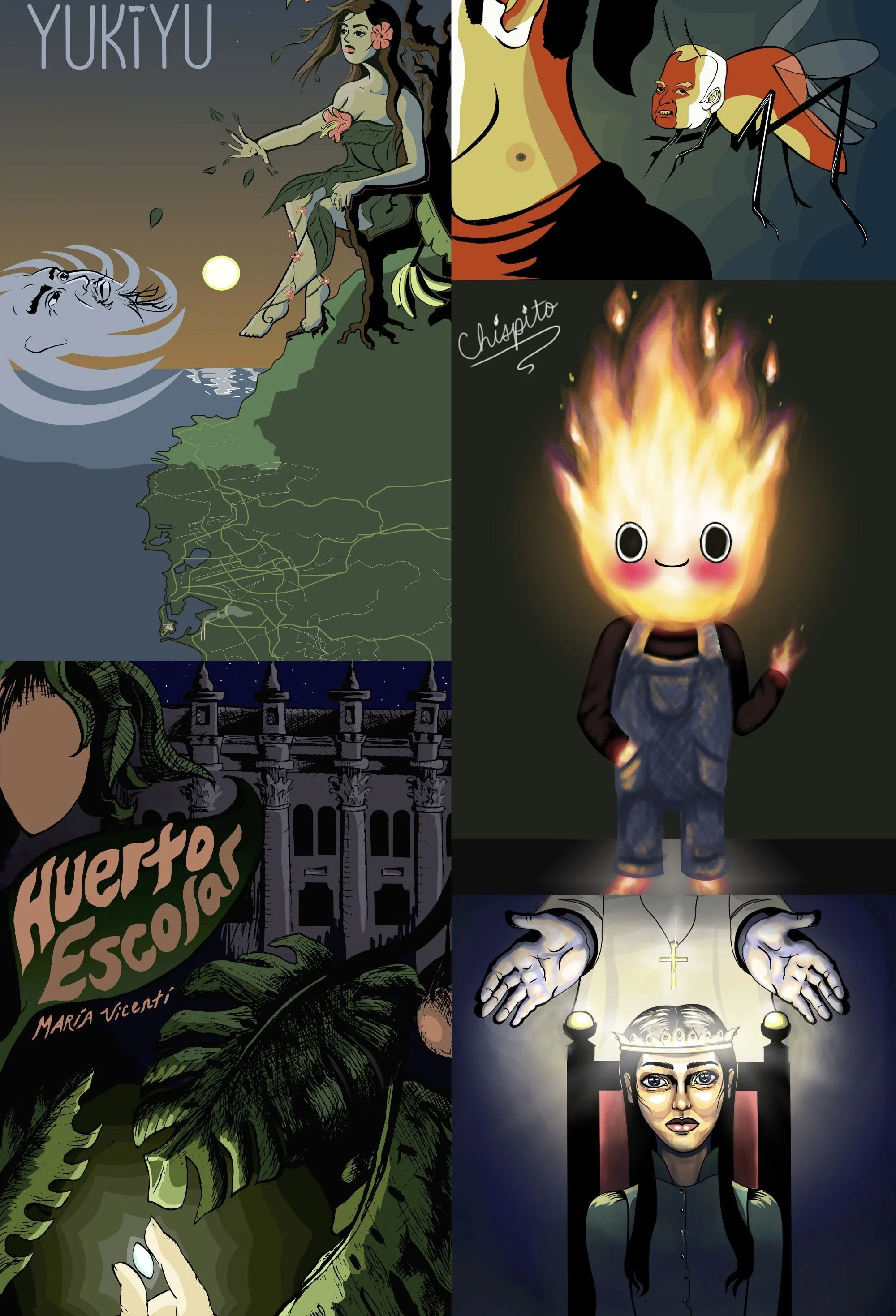 Collage of four illustrations: top left features a woman sitting on a tree with falling leaves at sunset, with a face in the water below; top right shows a person with a cartoonish face and a mosquito near the upper body; bottom left displays green foliage and a partial face of a woman with a sign reading "HUERTO ESCOLAR"; bottom right depicts a stylized drawing of a woman with a crown, surrounded by hands and candles, with a dark background.