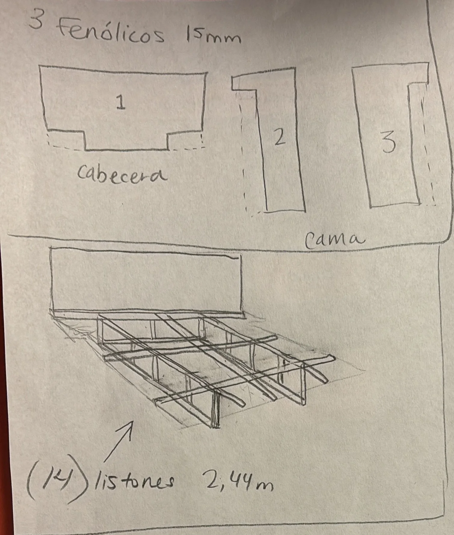 Conceptual carpentry sketch by Eva Luna Ortiz for a custom floating bed frame depicting an angled structural frame composed of fourteen interconnected support slats.