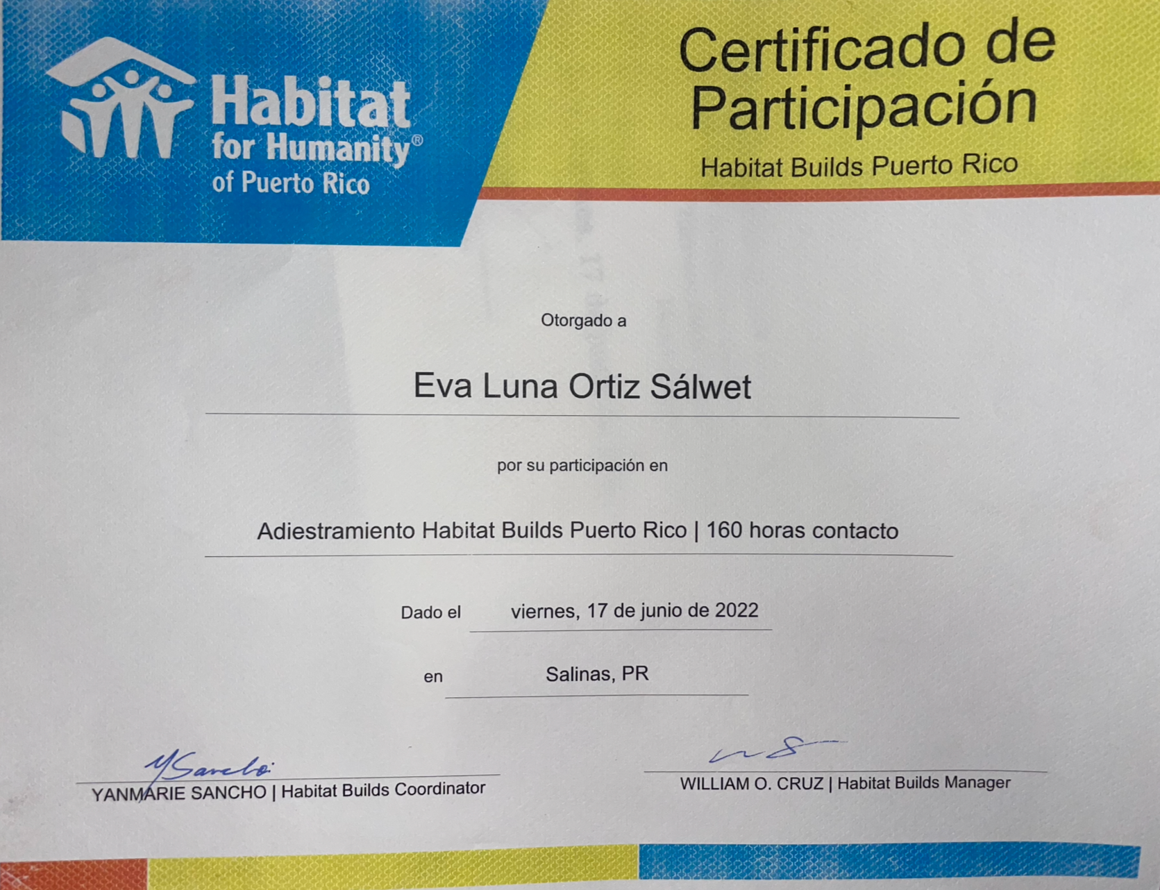Basic Construction Certification emitted by Habitat Builds Puerto Rico for Eva Luna Ortiz 2022.