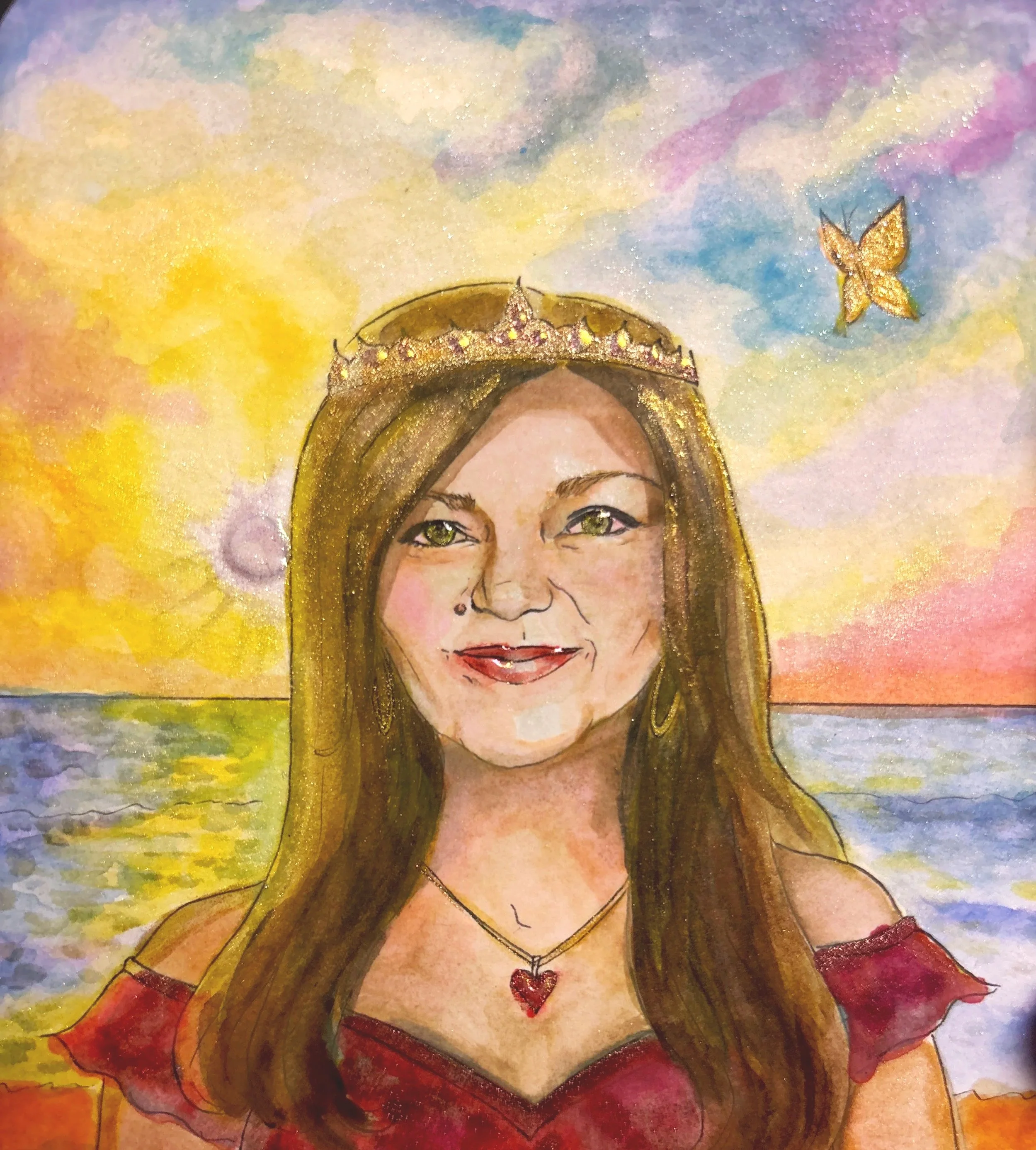 A watercolor illustration made by Eva Luna Ortiz depicting a beautiful queen and and colorful sunset