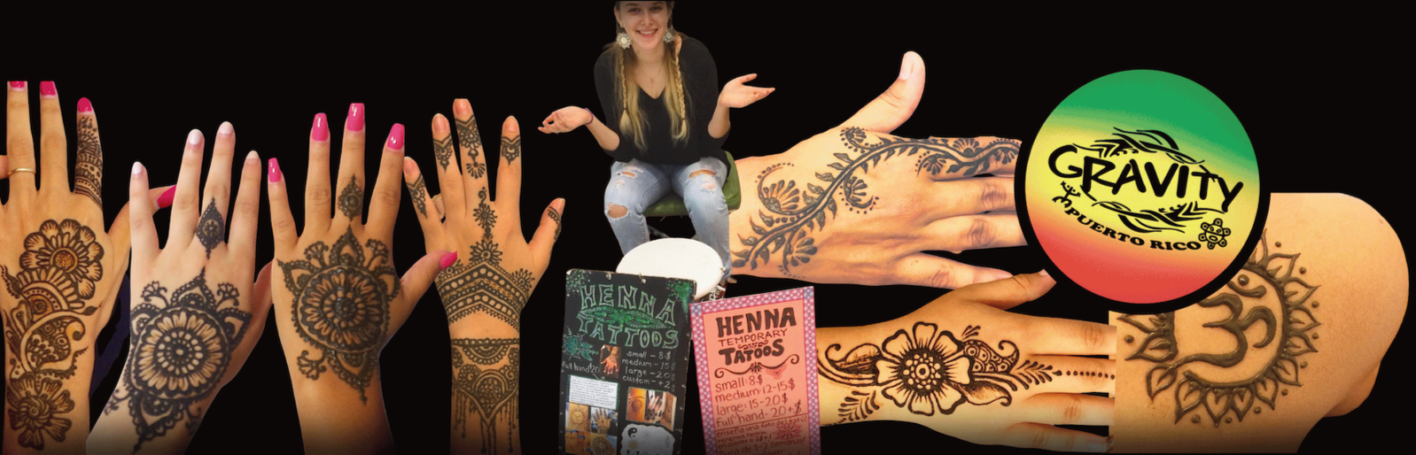 Eva Luna Ortiz sitting in front of a sign for henna tattoos along with a collage presenting her best work.