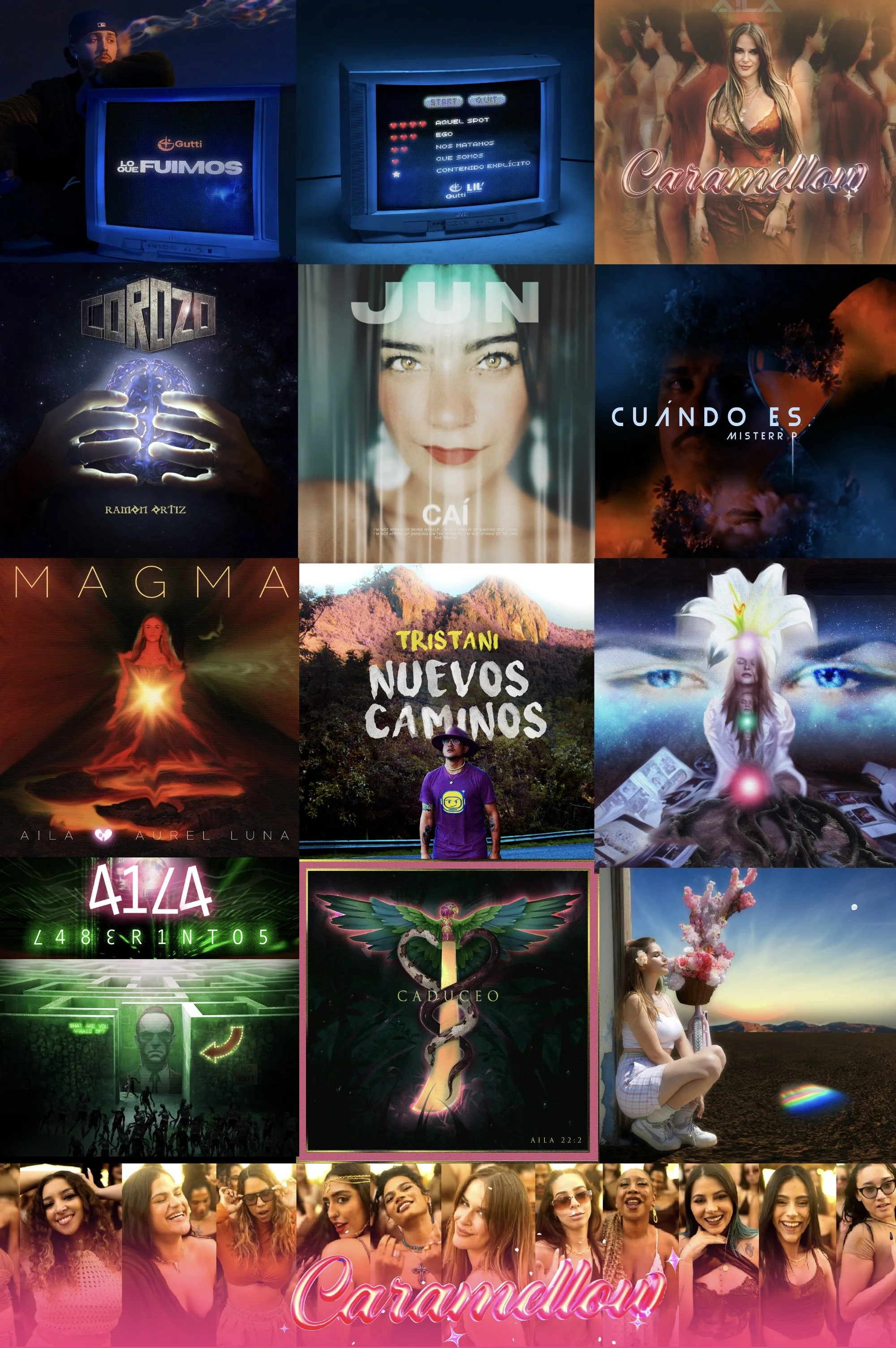 Collection of various digital art images, including TV screens, album covers, and photos of women, with some featuring text in Spanish and English, and people gathered at an event or festival at the bottom.