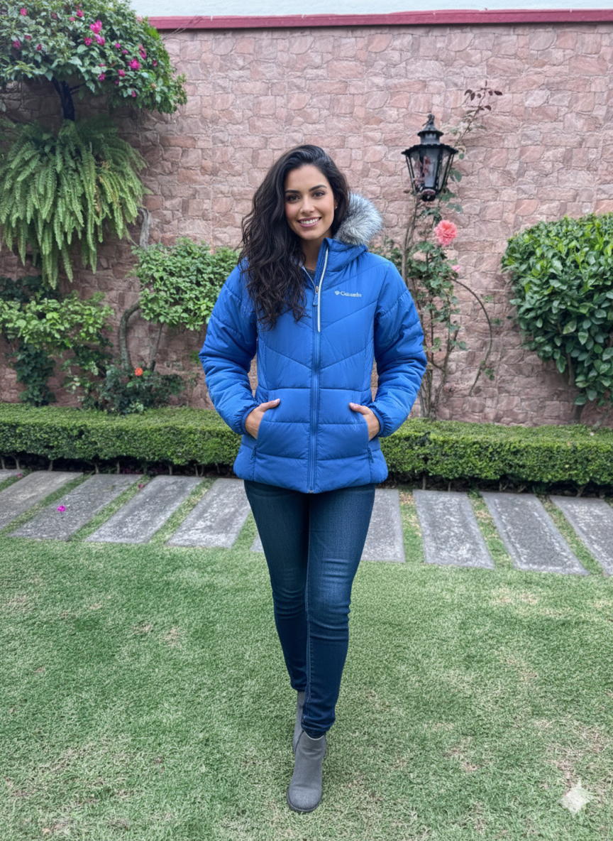 COLUMBIA - Talla M - Chamarra Térmica Azul con Capucha de Peluche Sintético
