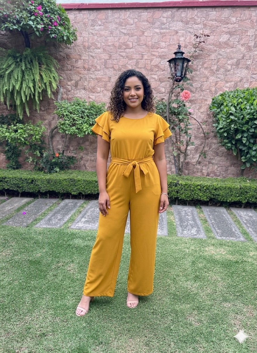 Calvin Klein TALLA 12 Jumpsuit Color Mostaza con Mangas Flutter y Cinturón