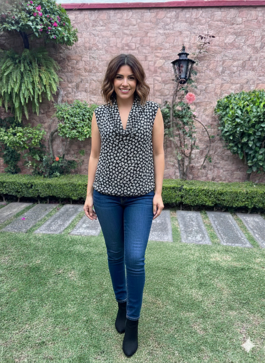 Michael Kors Talla L Blusa Cuello Drapeado (Cowl Neck) - Estampado Floral Negro/Blanco