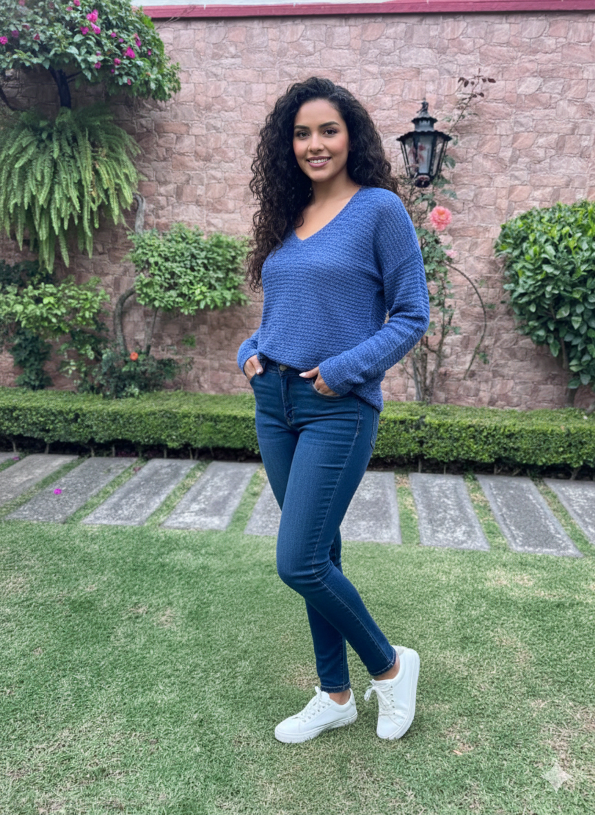 Calvin Klein Jeans Talla M - Suéter Tejido Ligero Azul Jaspeado con Cuello en V