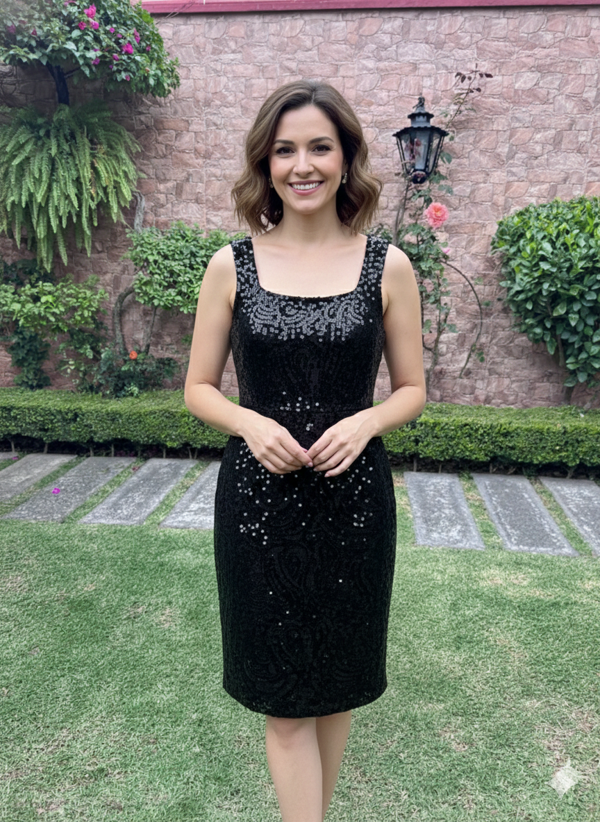 Calvin Klein - Talla 6 - Vestido Corto Negro con Bordado de Lentejuelas Estilo Paisley