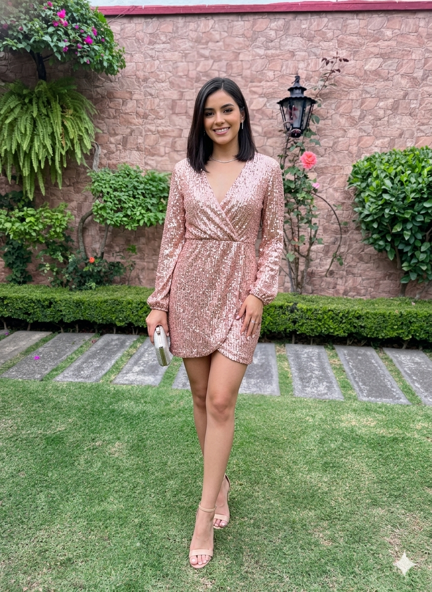 bebe Talla XS Vestido Mini de Lentejuelas Rose Gold / Rosa Brillante