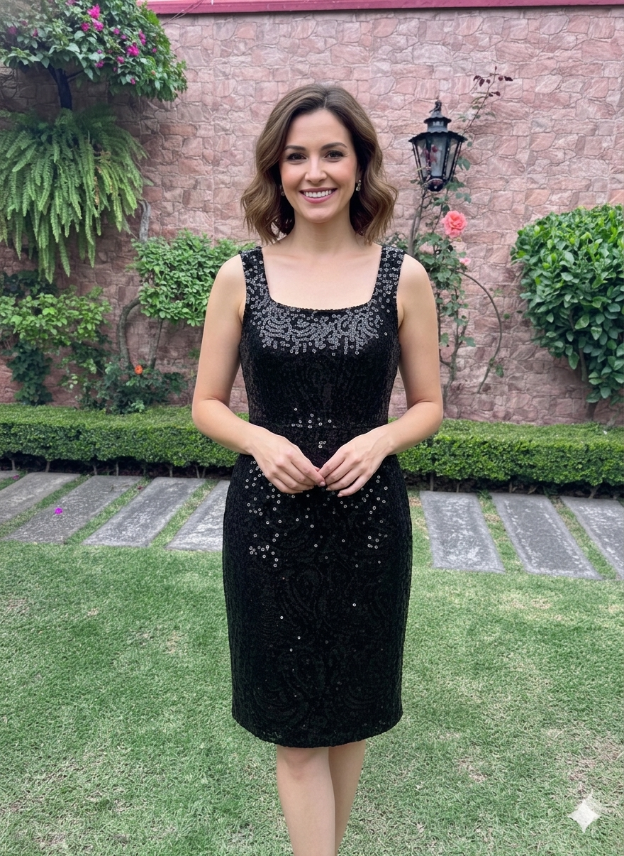 Calvin Klein - Talla 6 - Vestido Corto Negro con Bordado de Lentejuelas Estilo Paisley