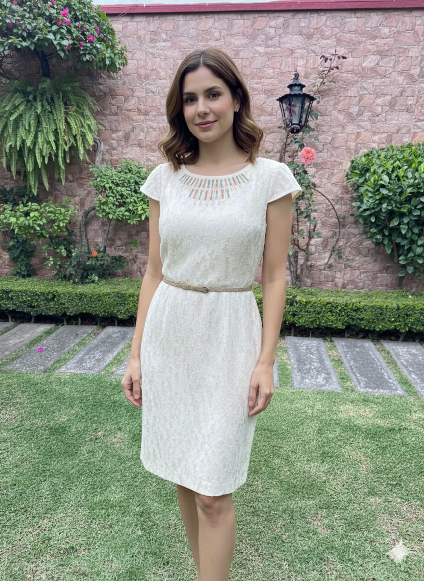 Antonio Melani - Talla 8 - Vestido de Cóctel Blanco con Bordado de Pedrería y Cinturón