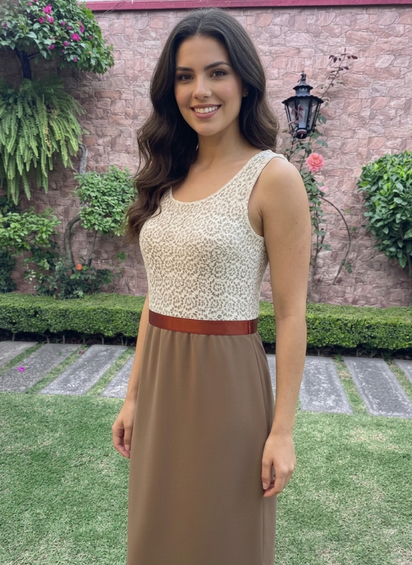 Anne Klein Talla 8 - Vestido de Cóctel Tricolor con Encaje Blanco, Detalle Guinda y Falda Beige