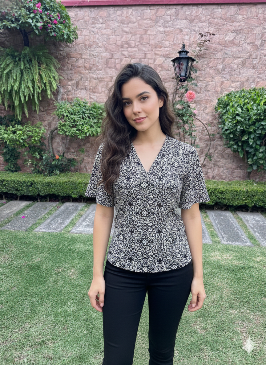 BANANA REPUBLIC Talla M Blusa Estampada en Blanco y Negro