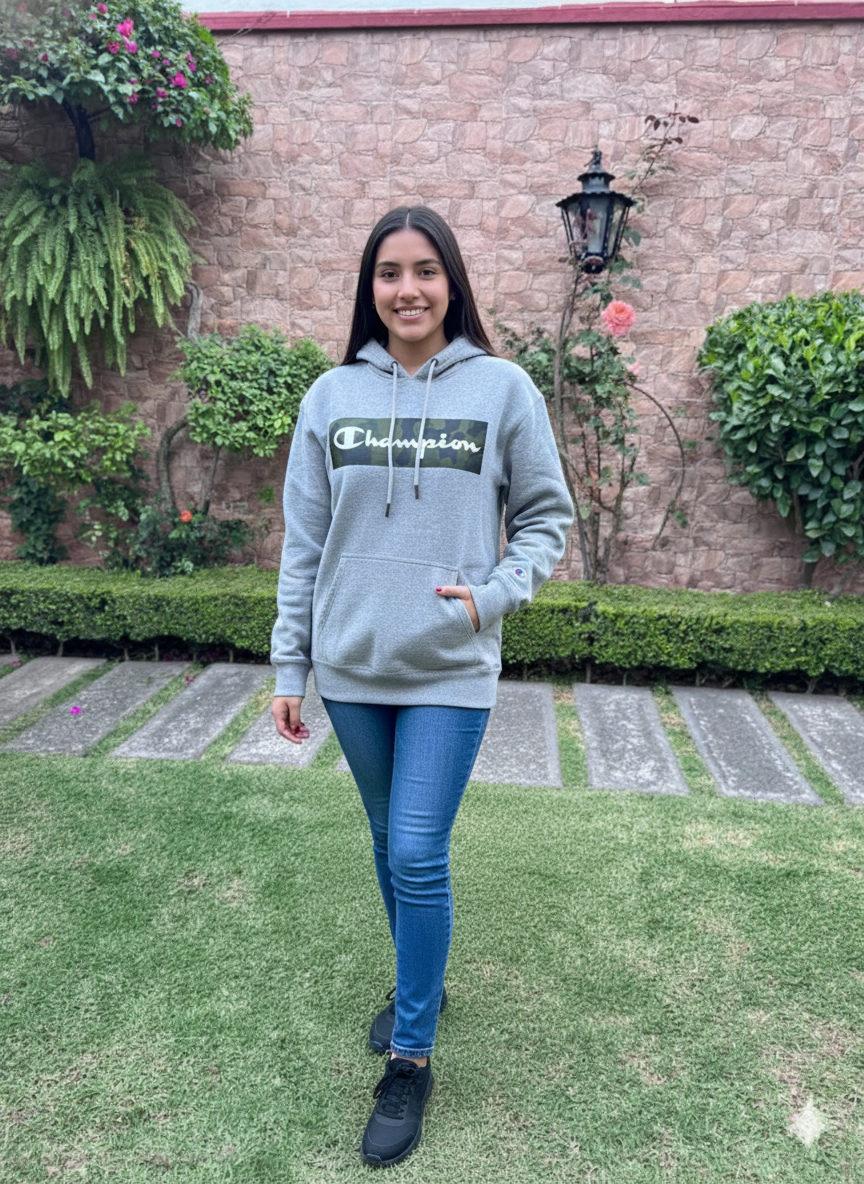 Champion Talla M - Sudadera con Capucha Gris y Logotipo Camuflaje