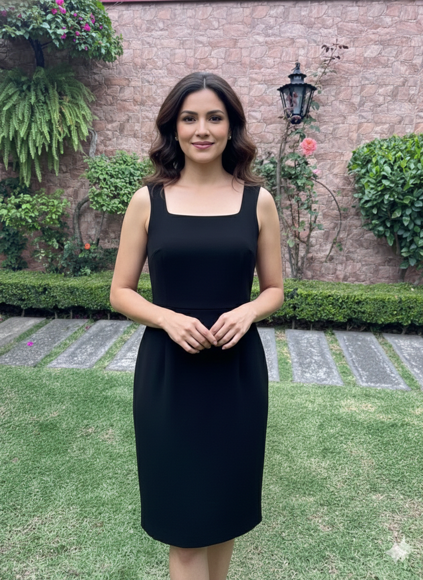 Banana Republic - Talla 8 - Vestido Ajustado Negro Formal con Cuello Cuadrado