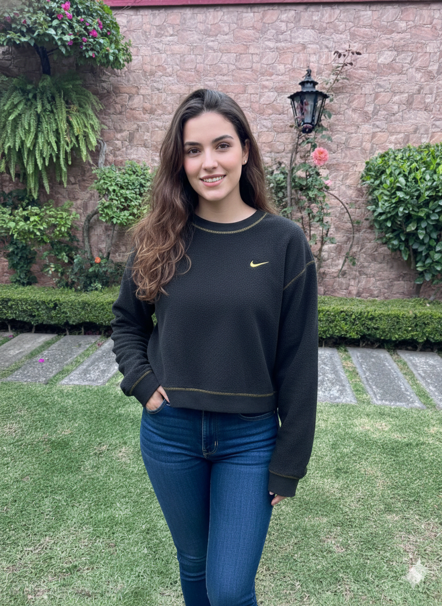 Nike - Talla M - Sudadera Corta (Cropped) de Fleece Dri-FIT Color Negro con Logo Dorado
