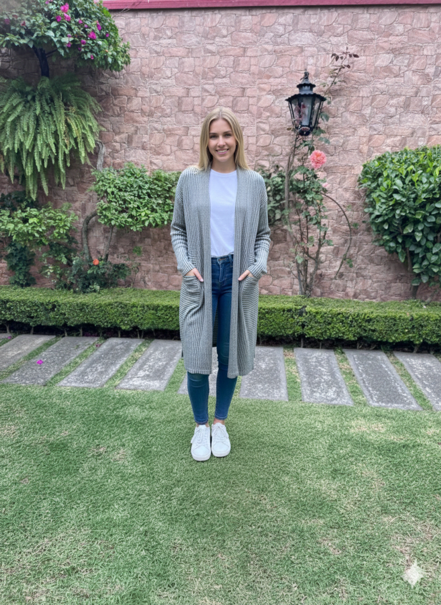 Banana Republic TALLA XS Cárdigan Largo Gris Jaspeado / Estilo Minimalista