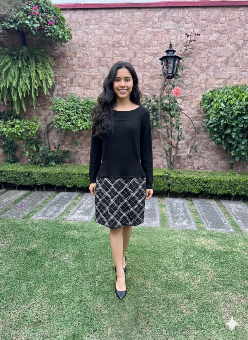 WHITE HOUSE BLACK MARKET TALLA 8 Vestido híbrido de punto con falda escocesa