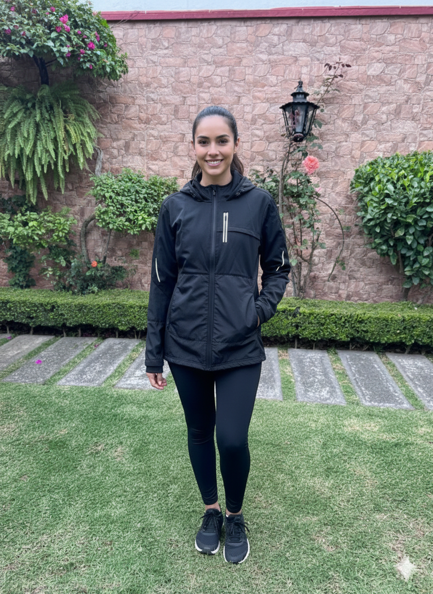 GapFit XL Chaqueta Deportiva Rompevientos con Capucha y Detalles Reflectantes - Color Negro
