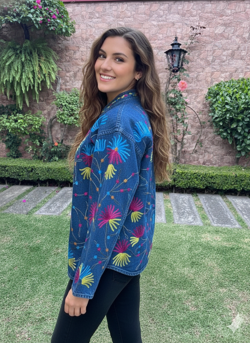 New Direction - Talla Small - Chaqueta de Mezclilla con Bordados Florales Multicolor