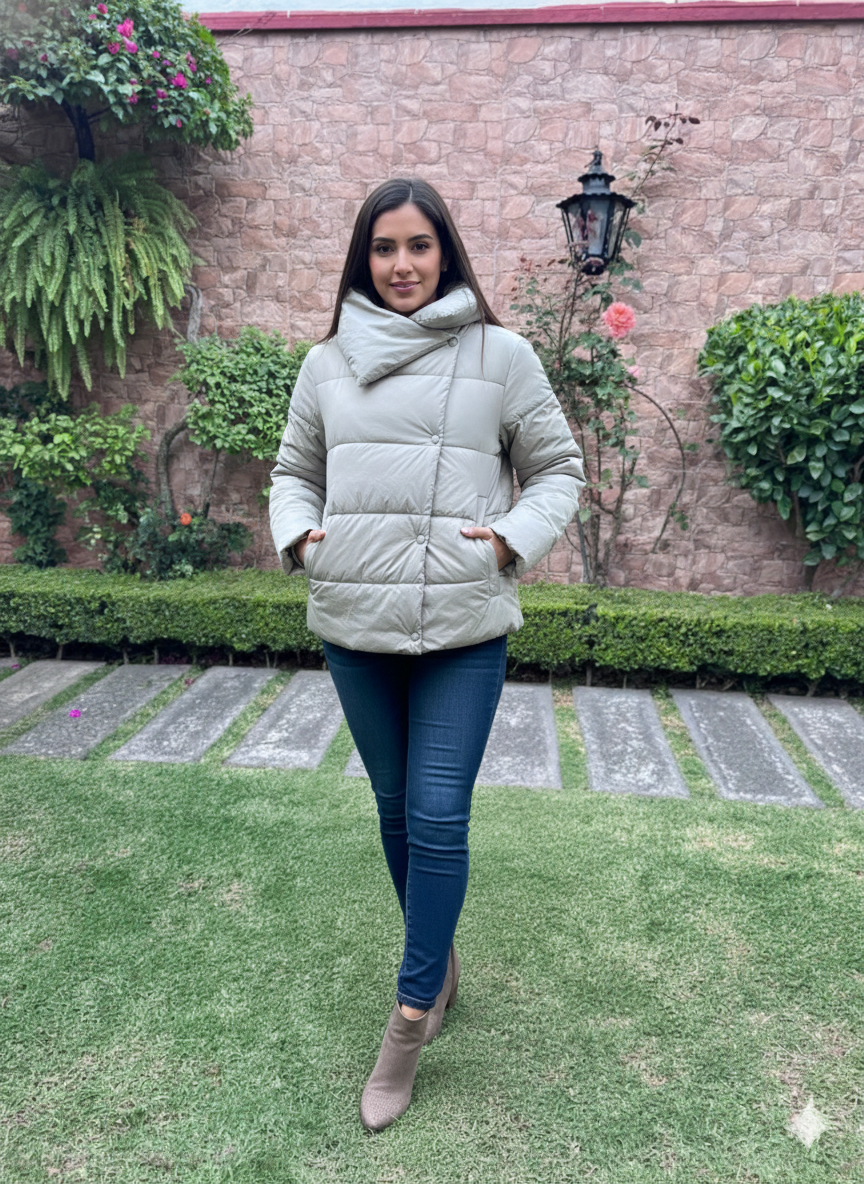 BANANA REPUBLIC - Talla L - Chamarra Puffer Acolchada con Cuello Envolvente en Color Gris Piedra