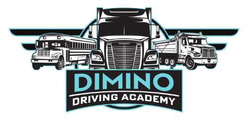 Logo for Dimino Driving Academy featuring a large semi-truck flanked by school buses and trucks, with the name 'Dimino Driving Academy' in bold text.