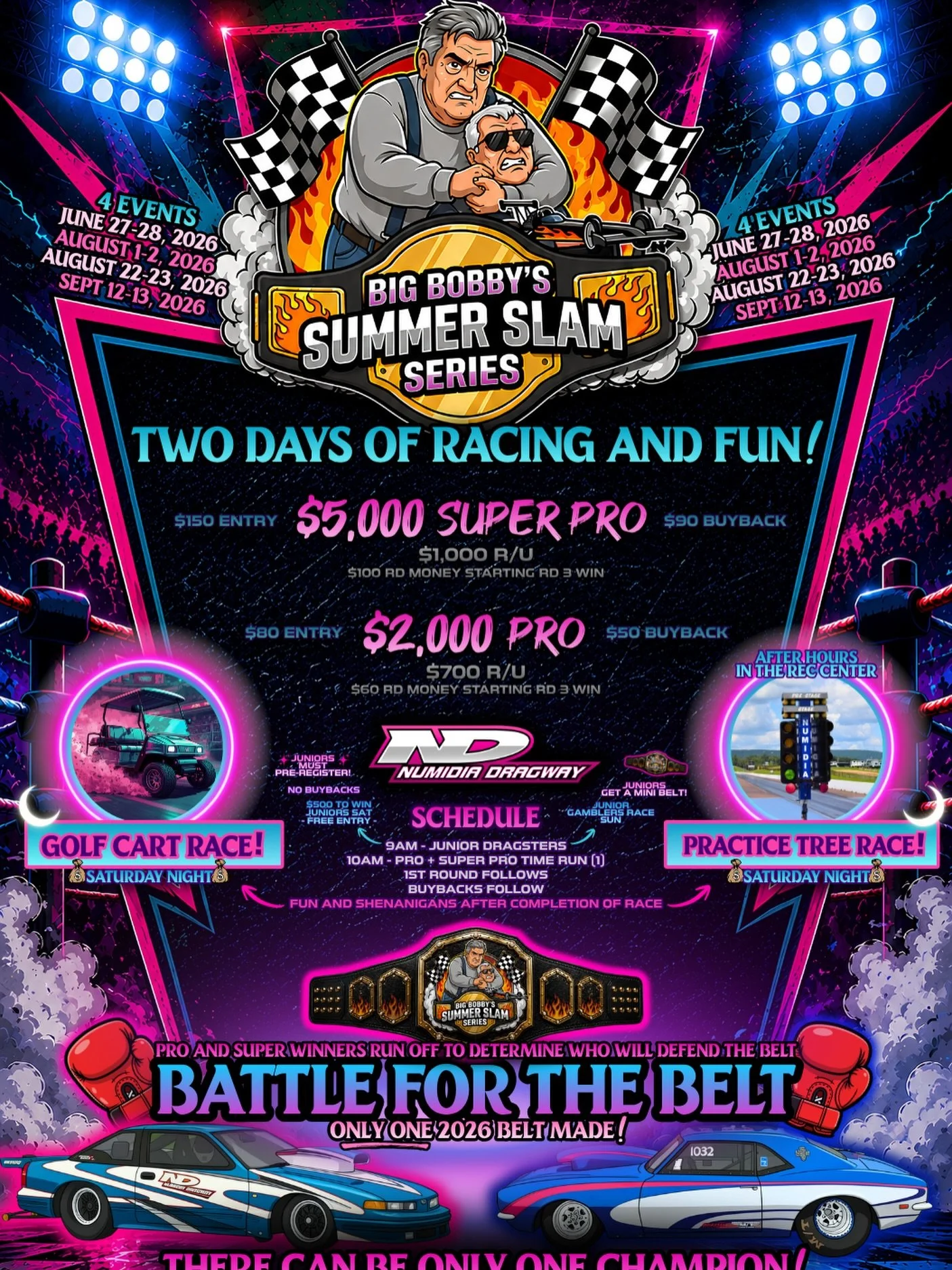 Get ready for the Summer Racing Experience of 2026! Clear your calendars. Forget the big budget crowds. Bring out the up-and-comers, bring out the weekend warriors, the brawlers and champs alike.... It&rsquo;s time to BATTLE FOR THE BELT! 🏆👑

🥇4 T