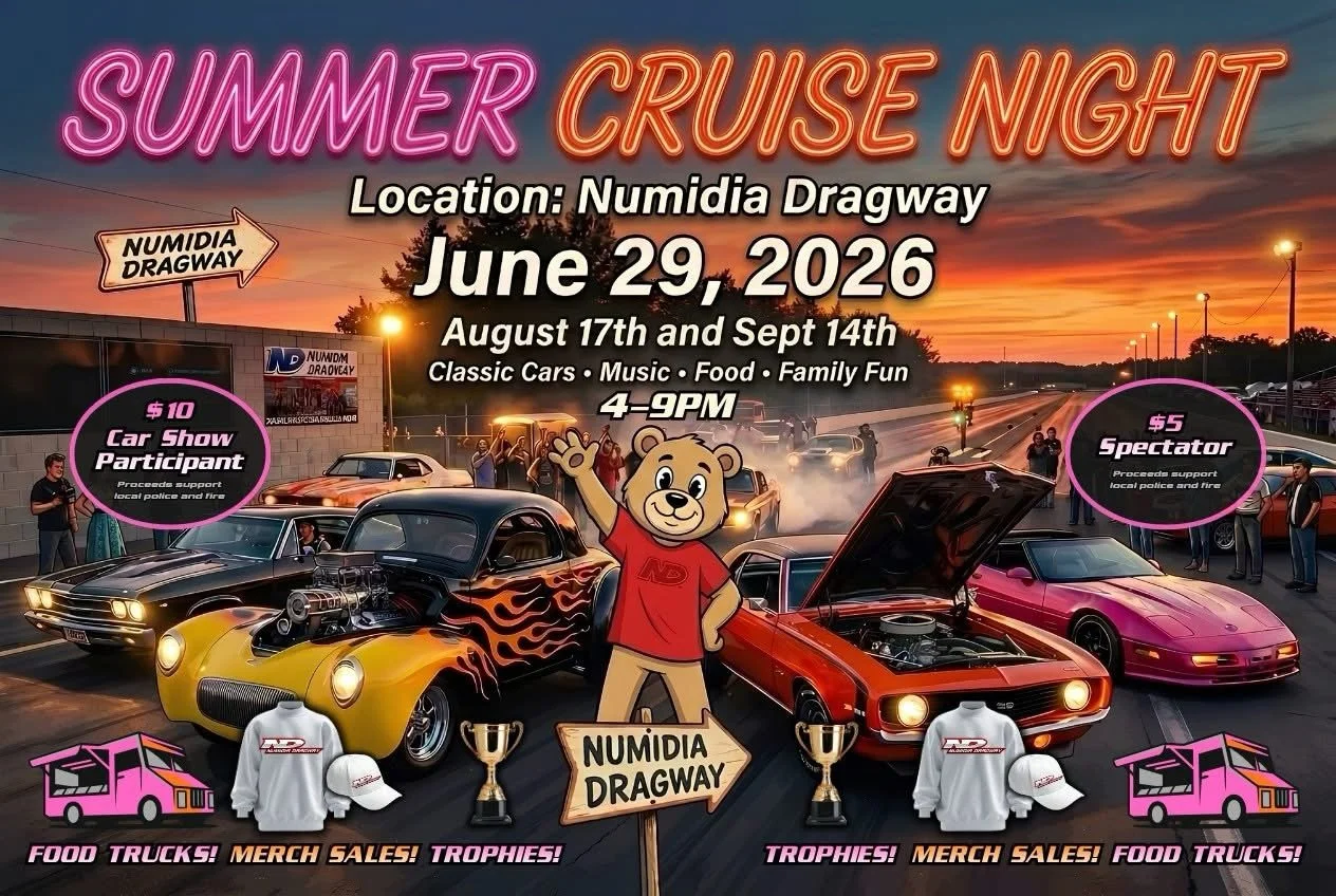 ☀️🌙 Back by popular demand! Numidia Dragway&rsquo;s Summer Cruise Nights! 3 events in total this Summer! Our second year doing this and it keeps getting bigger and better.

Weekend&rsquo;s are busy. How about a car show on a Monday evening set again