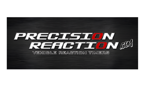 Logo for Precision Reaction, a vehicle reaction timer website, with metallic background and stylized text.