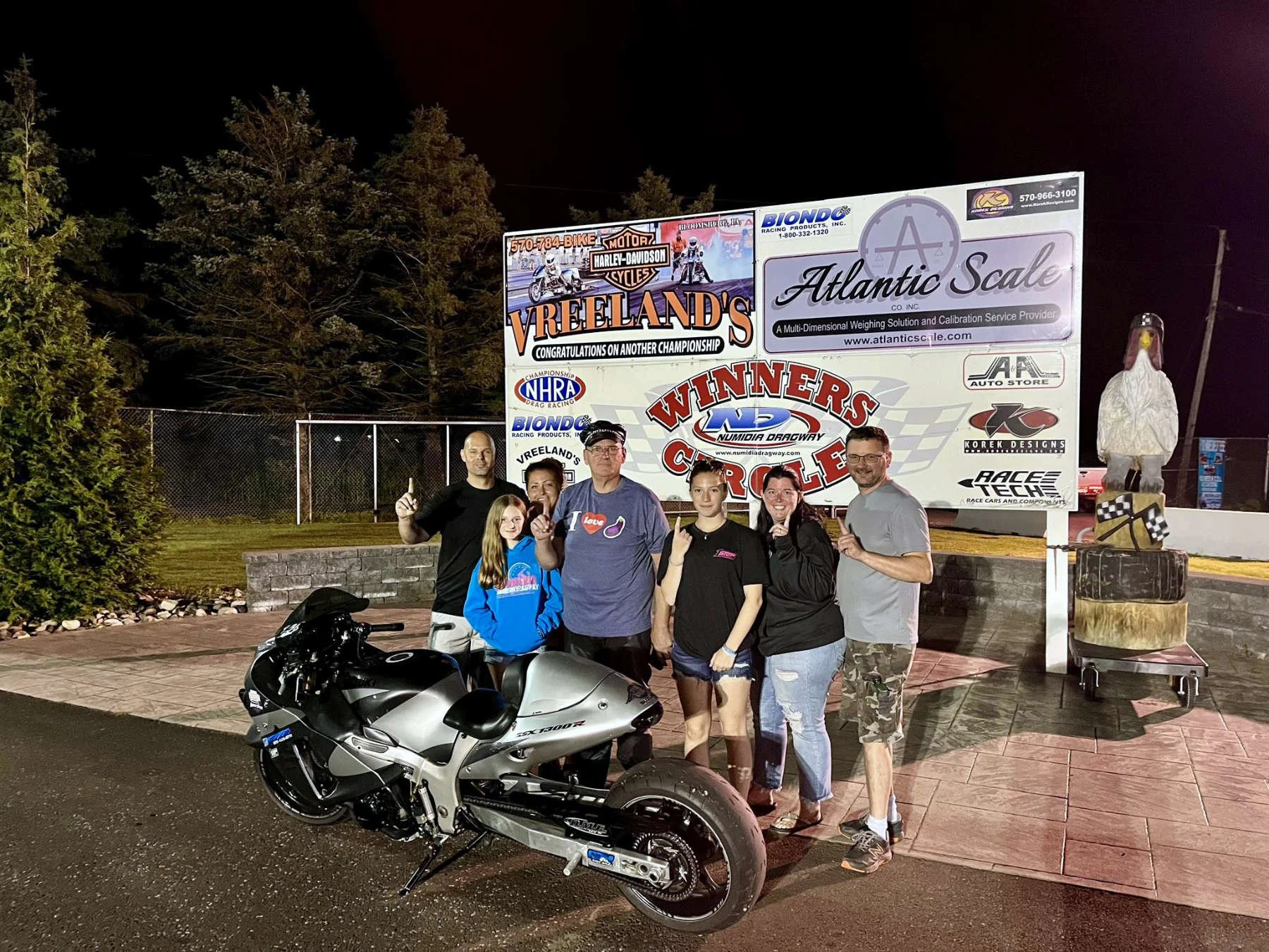 A group of six people standing in front of a large billboard at night, with a motorcycle parked in the foreground. The billboard features various advertisements and logos, including Harley-Davidson, Atlantic Scale, and others. There is also a wooden 