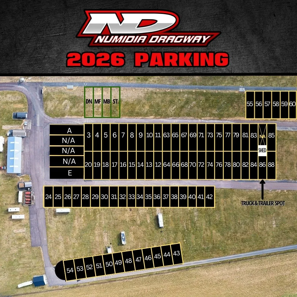 Map of parking lots at Numidia Dragway for 2026, showing numbered spaces and designated areas for trucks, trailers, and camping, with labels for different sections and entry points.