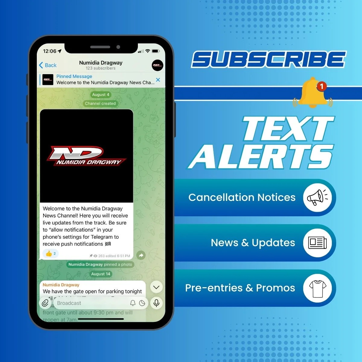 Promotional graphic encouraging viewers to subscribe to a Telegram channel for Numidia Dragway news updates. Features a smartphone screen displaying the Telegram chat with news and updates, alongside icons and text for notification alerts, news, pre-entries, and promotions.