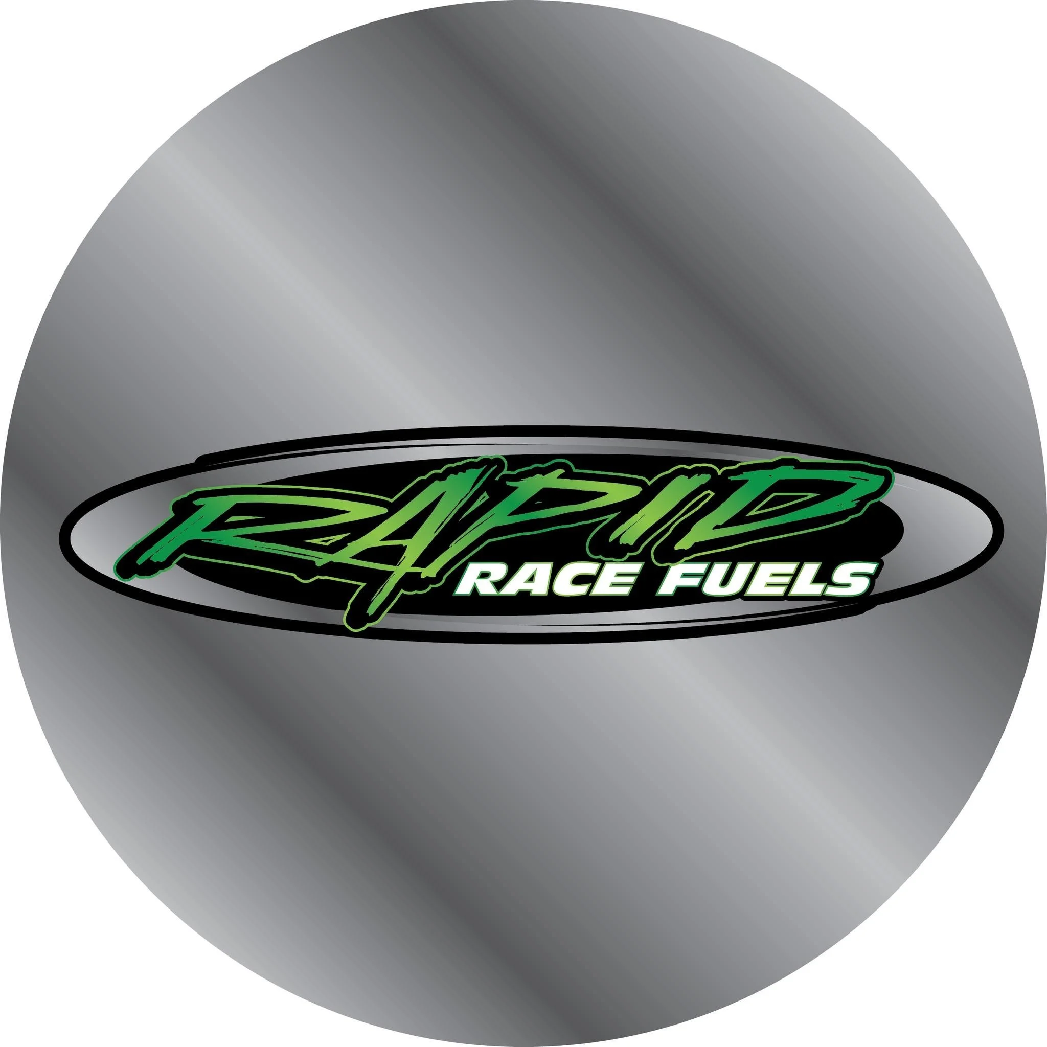 Close-up view of a metallic object with a logo that reads 'Rampage Race Fuels' in stylized green and white text.