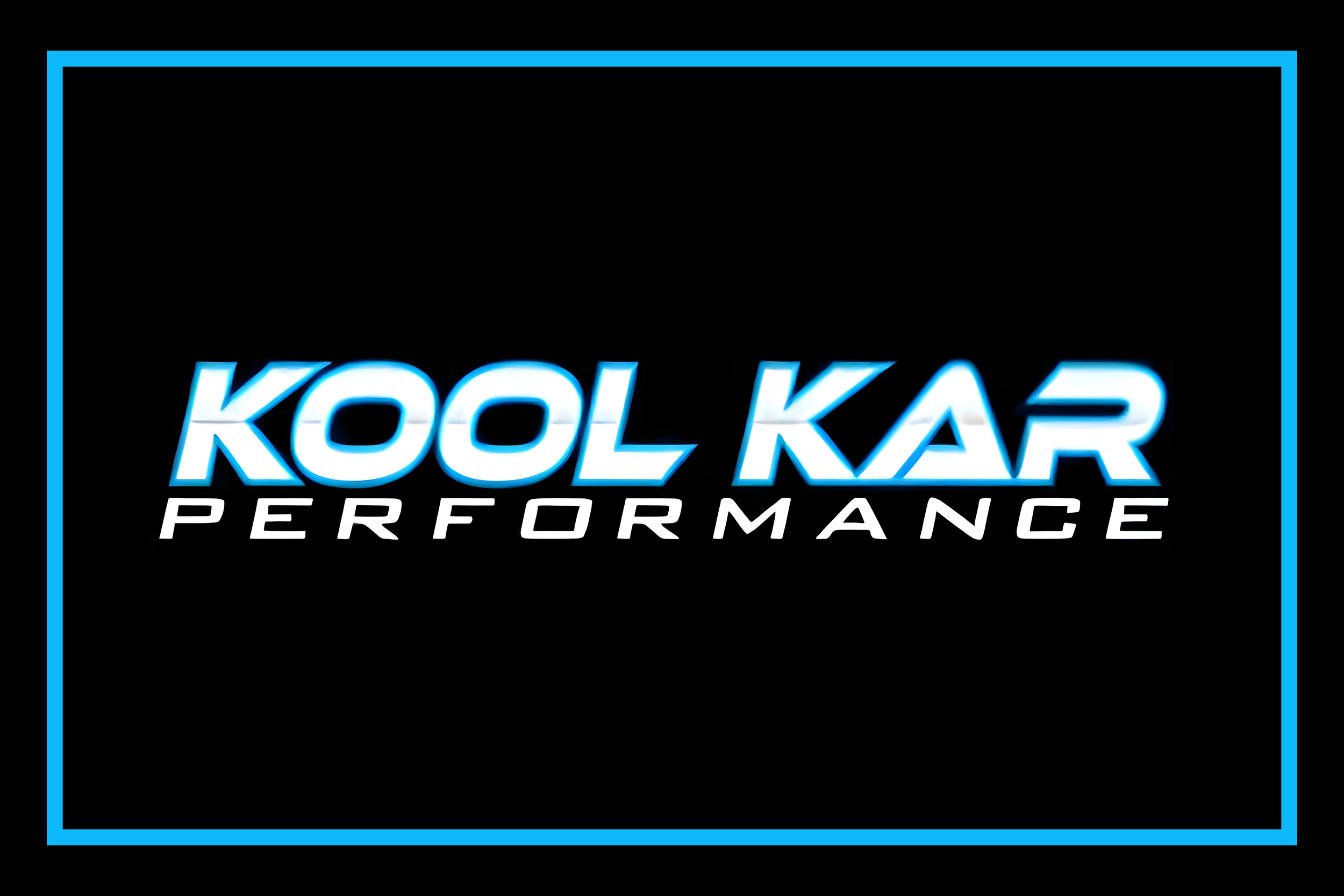 KOOL KAP PERFORMANCE logo with neon blue and white text on black background, bordered by a blue frame.