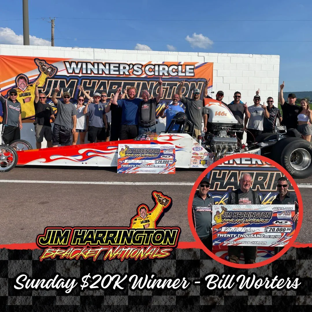 Group of people celebrating a race victory with a racing car and a large check for $20,000, in front of a banner that reads 'Winner's Circle Jim Harrington Bracket Nationals.' The basename of the event and the winner's name, Bill Worters, is displaye