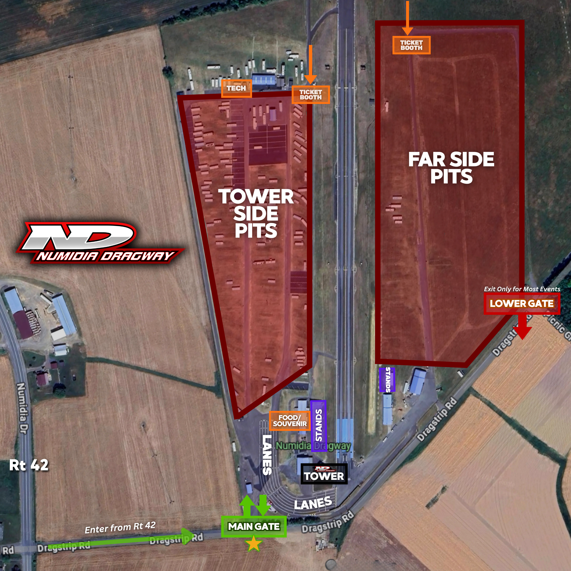 Map of Numidia Dragway showing various areas including main gate, lanes, tower side pits, far side pits, ticket booths, tech area, and other facilities, with labels and directional arrows.