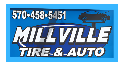 Business sign for Mill Ville Tire & Auto with phone number and a car graphic