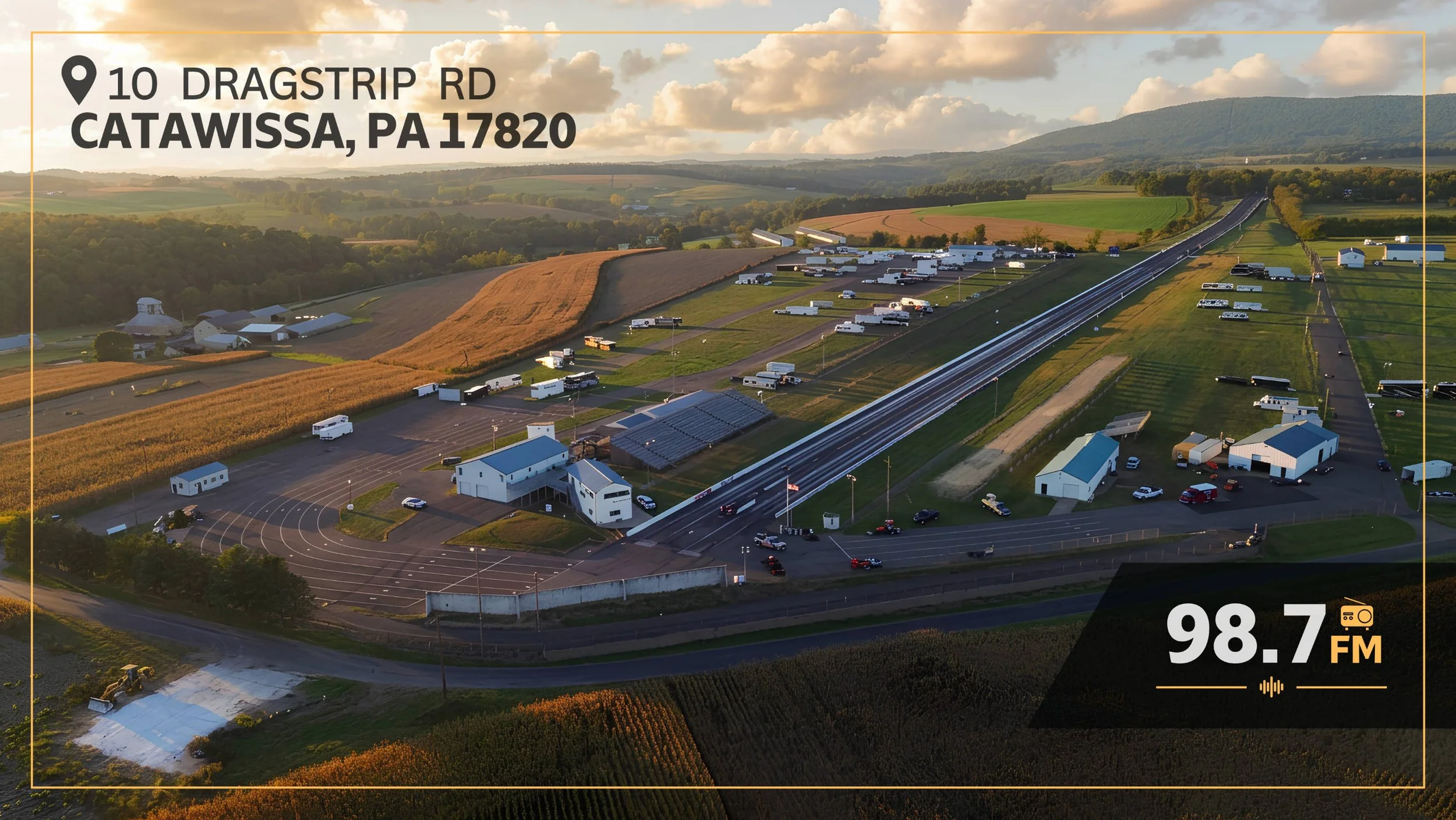 Aerial view of a rural landscape with fields, trees, and hills during sunset. There are buildings, parking lots, and a highway with vehicles. Overlayed text shows a location in Catawissa, PA, with a radio station frequency 98.7 FM.