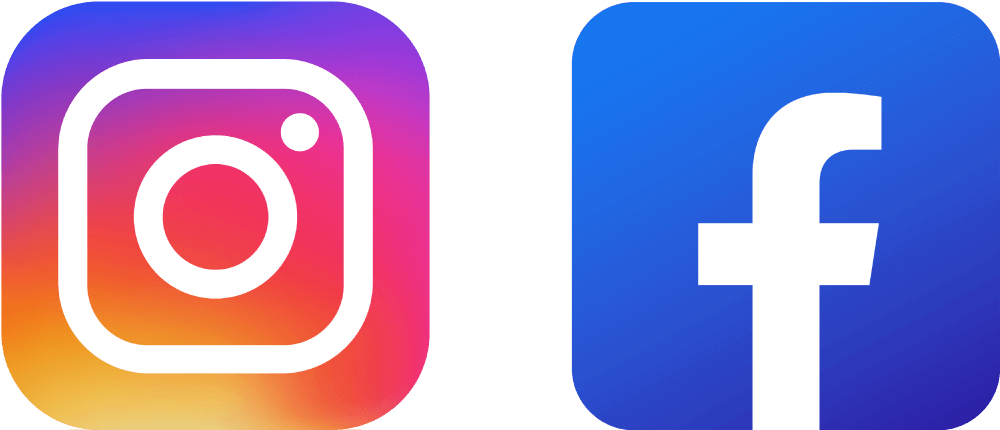 Instagram logo on the left with a colorful gradient background and a white camera icon, Facebook logo on the right with a blue background and a white 'f' icon.