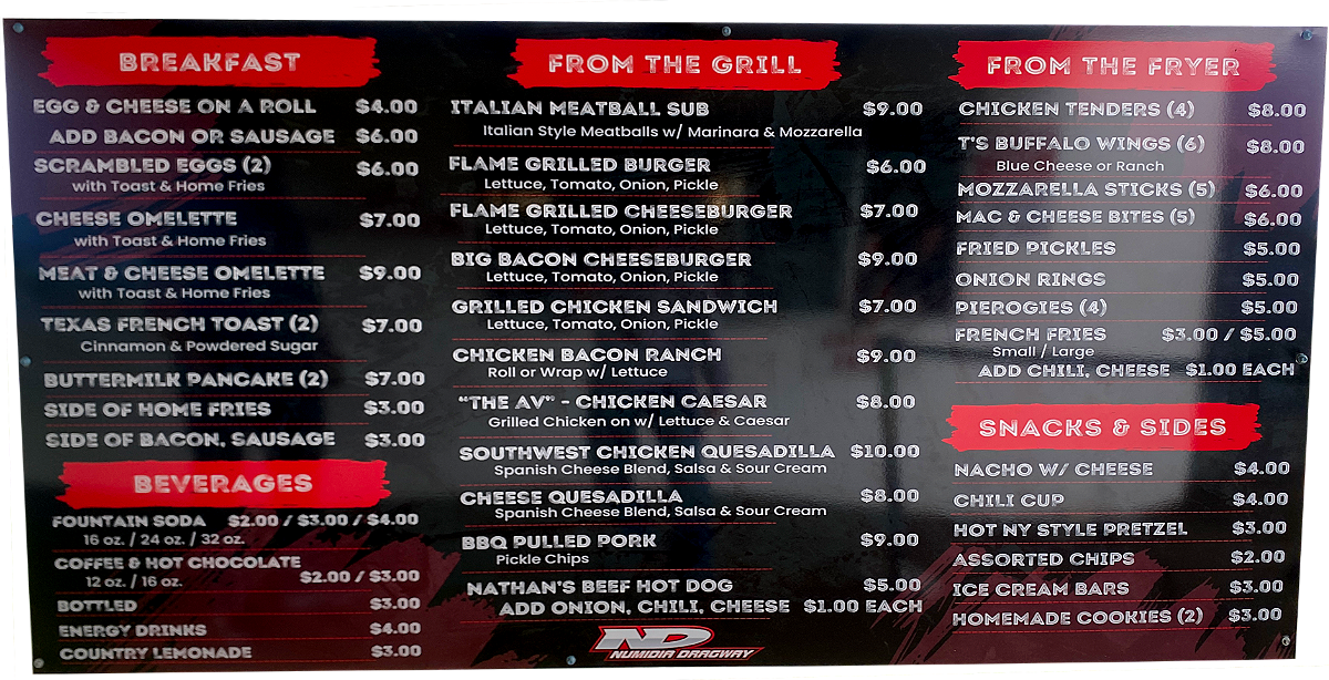 Menu board with sections for breakfast, from the grill, from the fryer, beverages, snacks, and sides, featuring items like eggs, bacon, scrambled eggs, cheese omelette, meat and cheese omelette, fried chicken tenders, buffalo wings, mozzarella sticks, mac and cheese bites, pickles, onion rings, pierogies, french fries, chicken sandwich, cheeseburger, hot dog, quesadilla, BBQ pulled pork, and drinks.